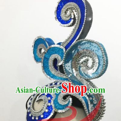 Top China Female Group Dance Blue Hair Crown Stage Performance Hat Headdress Classical Dance Hair Accessories