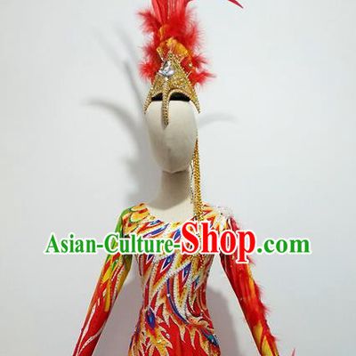 Top China Female Group Dance Red Feather Headpiece Classical Dance Hair Accessories Stage Performance Hair Crown