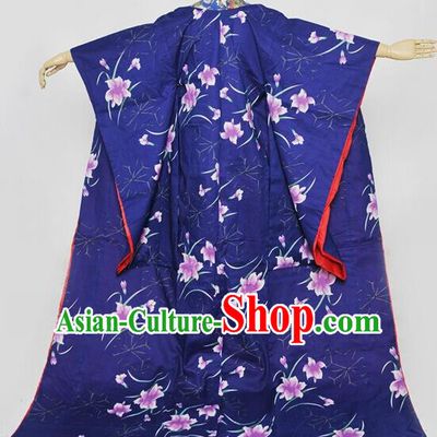 Custom Japan Cosplay Queen Printing Flowers Blue Kimono Dress Courtesan Garment Costume Japanese Geisha Furisode Clothing