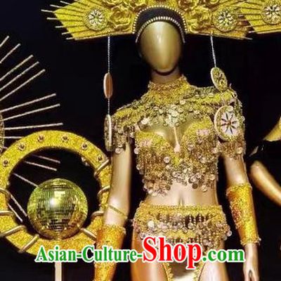 Custom Catwalks Luxury Golden Outfits Halloween Performance Costumes and Hair Accessories Stage Show Clothing