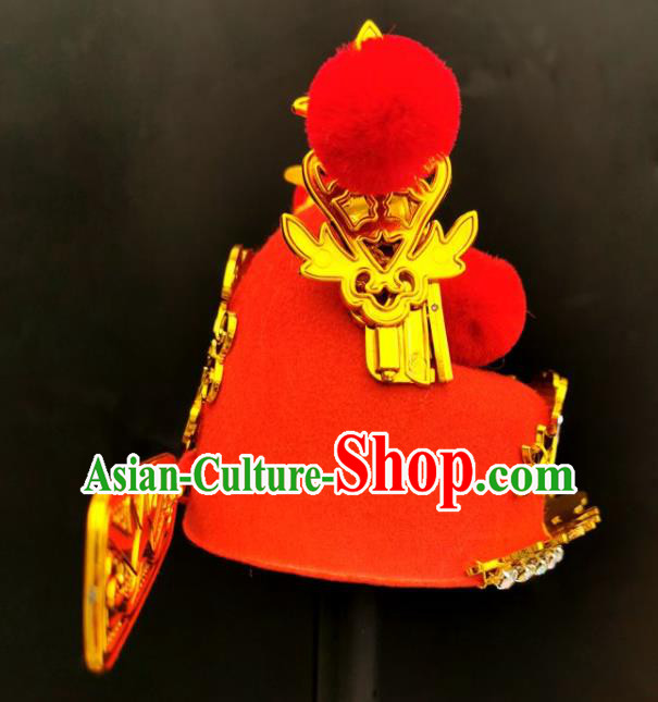Chinese Ancient Bridegroom Headwear Beijing Opera Xiaosheng Headdress Peking Opera Scholar Red Hat