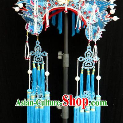 China Shaoxing Opera Empress Hat Beijing Opera Hua Tan Blue Phoenix Coronet Headdress Ancient Princess Helmet Hair Accessories