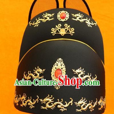 Chinese Ming Dynasty Imperial Guard Headdress Peking Opera Emperor Black Hat Ancient Swordsman Headwear