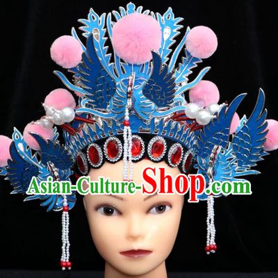 China Beijing Opera Children Headdress Ancient Swordswoman Hair Accessories Shaoxing Opera Actress Blue Phoenix Coronet