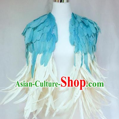Top Cosplay Queen Cape Stage Show Shoulder Accessories Halloween Catwalks Blue Feather Cappa