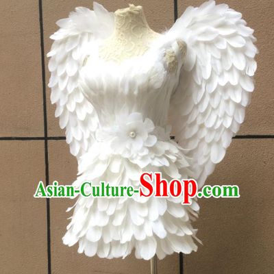 Top Miami Catwalks White Feather Dress with Wings Stage Show Costumes Samba Dance Clothing Brazilian Carnival Garments