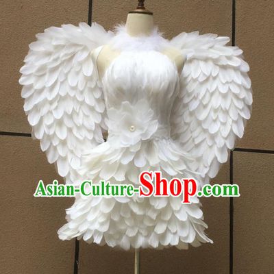 Top Brazilian Carnival Garments Miami Catwalks White Feather Dress with Wings Stage Show Costumes Samba Dance Clothing