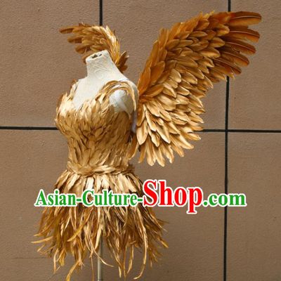 Top Stage Show Costumes Samba Dance Clothing Brazilian Carnival Garments Miami Catwalks Golden Feather Dress with Wings