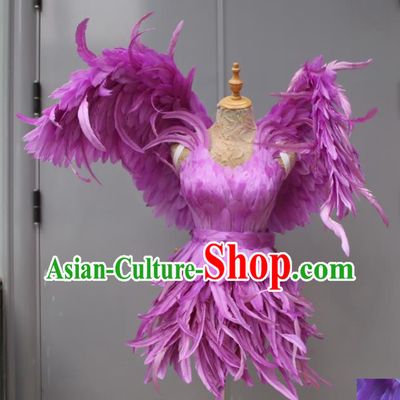 Top Miami Catwalks Costumes Stage Show Clothing Brazilian Carnival Garments Samba Dance Purple Feather Dress with Wings
