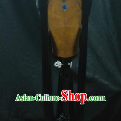 Handmade China Traditional Puppet Show Young Childe Headdress Ancient Kawaler Black Wigs and Hair Crown Cosplay Swordsman Hairpieces