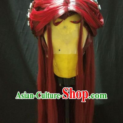 Chinese Cosplay Demon Princess Hair Accessories Traditional Puppet Show Swordswoman Red Wigs and Hair Sticks Ancient Heroine Hairpieces