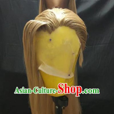 Handmade China Ancient Swordsman Yellow Wigs and Hair Crown Cosplay Young Knight Hairpieces Traditional Honor of Kings Han Xin Headdress