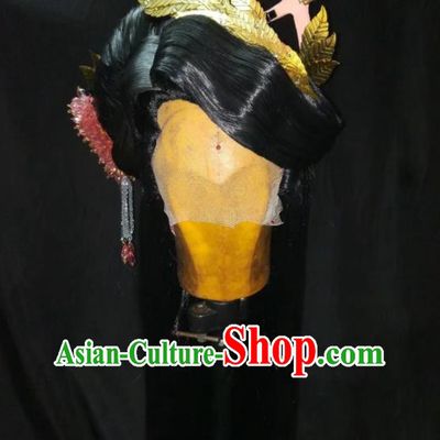 Chinese Ancient Heroine Hairpieces Cosplay Fairy Hair Accessories Traditional Puppet Show Princess Han Yancui Black Wigs and Hair Crown