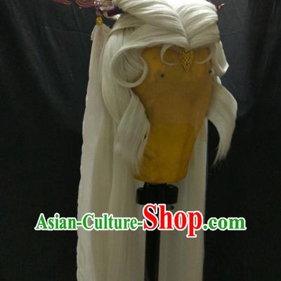 Chinese Traditional Puppet Show Goddess White Wigs and Hair Crown Ancient Imperial Concubine Hairpieces Cosplay Swordswoman Hair Accessories