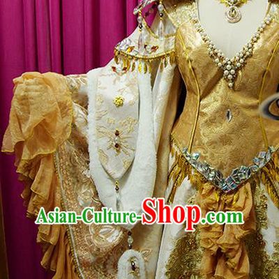 China Traditional Puppet Show Goddess Garment Costumes Ancient Empress Clothing Cosplay Fairy Queen Golden Dress Outfits