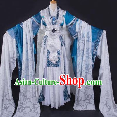 China Traditional Puppet Show Princess Feng Cailing Garment Costumes Ancient Swordswoman Clothing Cosplay Fairy Blue Dress Outfits