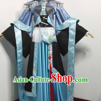 China Cosplay Young Beauty Blue Dress Outfits Traditional Puppet Show Swordswoman Garment Costumes Ancient Queen Clothing