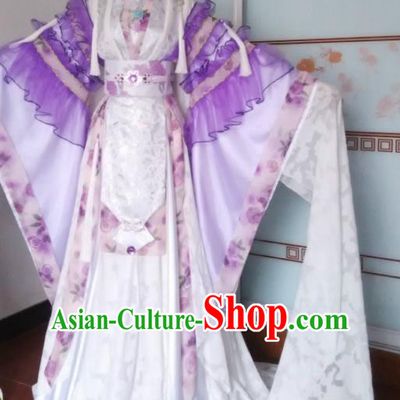 China Traditional Puppet Show Feng Cailing Garment Costumes Ancient Empress Clothing Cosplay Queen Water Sleeve Purple Dress Outfits