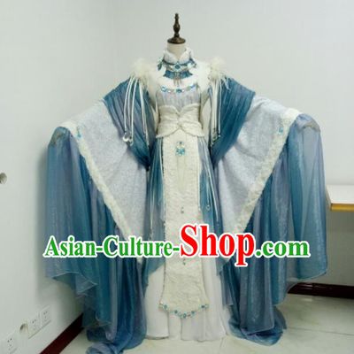 China Traditional Puppet Show Queen Ji Wuxia Garment Costumes Ancient Empress Clothing Cosplay Goddess Blue Dress Outfits