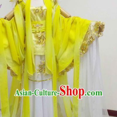 China Traditional Puppet Show Geng Qiulu Garment Costumes Ancient Goddess Clothing Cosplay Fairy Princess Yellow Dress Outfits