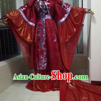 Chinese Ancient Demon King Red Uniforms Traditional Cosplay Swordsman Clothing Puppet Show Royal Highness Garment Costumes