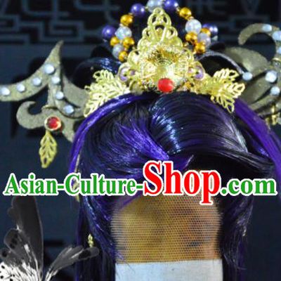 Handmade China Traditional Puppet Show Prince Headdress Ancient Swordsman Hair Accessories Cosplay Chivalrous Male Purple Wigs and Hair Crown