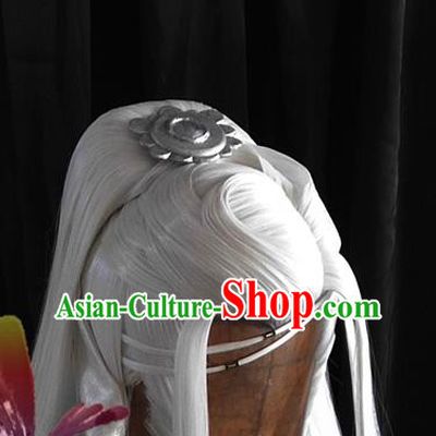 Handmade China Cosplay Taoist Priest White Wigs and Hair Crown Traditional Puppet Show Bie Xiaolou Headdress Ancient Swordsman Hair Accessories