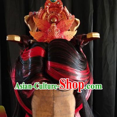 Handmade China Cosplay Royal King Red Wigs and Hair Crown Traditional Puppet Show Monarch Headdress Ancient Swordsman Hairpieces