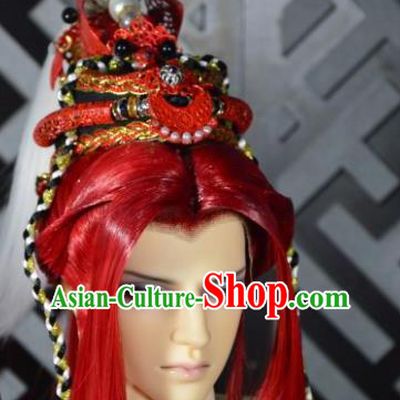 Handmade China Ancient Swordsman Hairpieces Cosplay Royal Prince Red Wigs and Hair Crown Traditional Puppet Show Warrior Headdress
