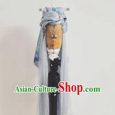 Handmade China Cosplay Taoist Priest Blue Wigs and Hair Crown Traditional Puppet Show Headdress Ancient Young Childe Hairpieces