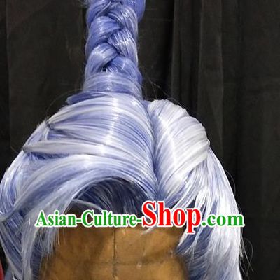 Handmade China Traditional Puppet Show King Headdress Ancient Swordsman Hairpieces Cosplay Childe Blue Wigs