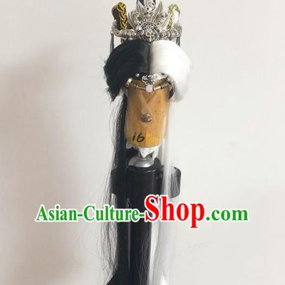 Handmade China Ancient Taoist Priest Hairpieces Cosplay Kawaler Wigs and Hair Crown Traditional Puppet Show Swordsman King Headdress