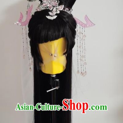 Chinese Cosplay Goddess Black Wigs and Hairpins Ancient Imperial Concubine Headdress Traditional Puppet Show Princess Hairpieces