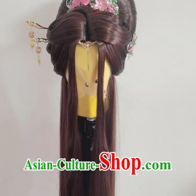 Chinese Traditional Puppet Show Princess Li Jianshi Hairpieces Cosplay Goddess Brown Wigs and Hairpins Ancient Imperial Concubine Headdress