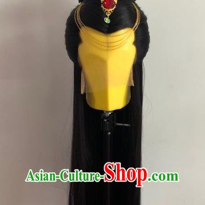 Chinese Ancient Imperial Concubine Headdress Traditional Puppet Show Feng Cailing Hairpieces Cosplay Swordswoman Black Wigs and Hairpins