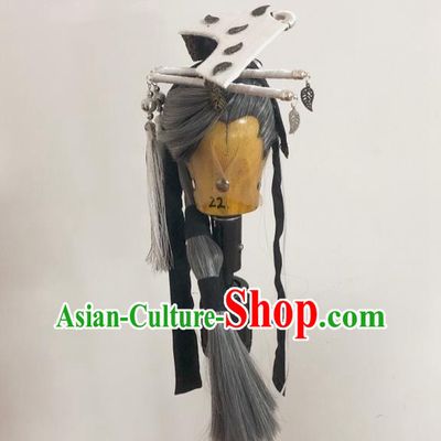 Handmade China Traditional Puppet Show Taoist Headdress Ancient Royal Duke Hairpieces Cosplay Swordsman Gray Wigs and Hair Crown