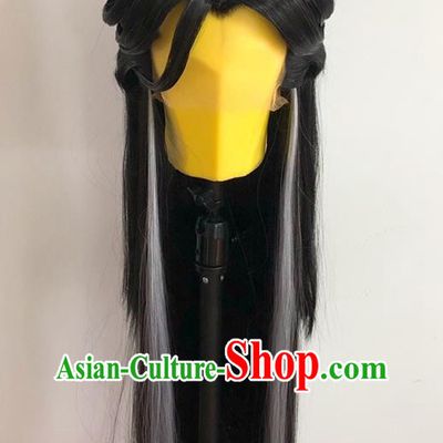Chinese Cosplay Swordswoman Black Wigs and Hairpins Ancient Female Knight Headdress Traditional Puppet Show Ding Lingshuang Hairpieces