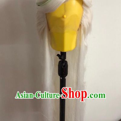 Chinese Traditional Puppet Show Murong Yanyu Hairpieces Cosplay Swordswoman White Wigs and Hairpins Ancient Fairy Princess Headdress