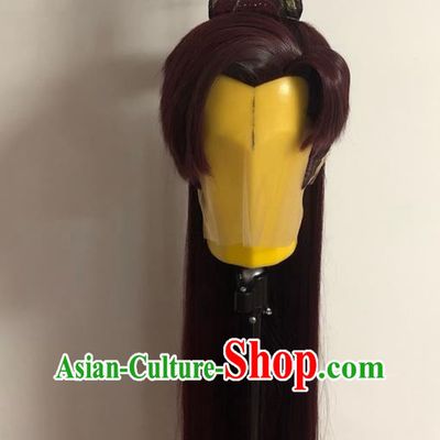 Handmade China Ancient Young Knight Hairpieces Cosplay Swordsman Brown Wigs and Hair Crown Traditional Puppet Show Wolf King Headdress