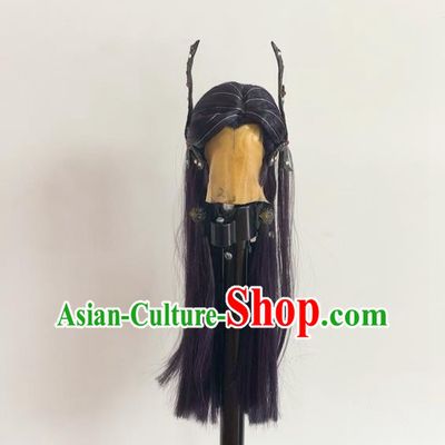 Handmade China Cosplay Swordsman Purple Wigs and Hair Crown Traditional Puppet Show Knight Ying Huo Headdress Ancient Dragon Prince Hairpieces
