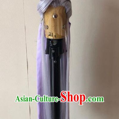 Handmade China Ancient Noble Childe Hairpieces Cosplay Swordsman Lilac Wigs and Hair Crown Traditional Puppet Show Prince Murong Ning Headdress