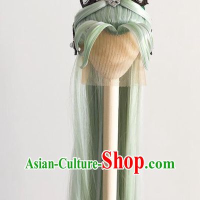 Handmade China Cosplay Noble Prince Green Wigs and Hair Crown Traditional Puppet Show Swordsman Mo Cangli Headdress Ancient Young Knight Hairpieces