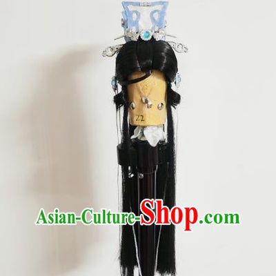 Handmade China Cosplay Young Knight Black Wigs and Hair Crown Traditional Puppet Show Yu Xiaoyao Headdress Ancient Swordsman Hairpieces