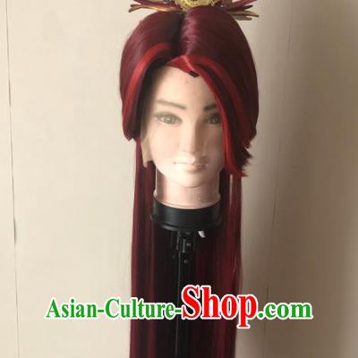 Handmade China Ancient Swordsman Headdress Cosplay Noble Childe Red Wigs and Hair Crown Traditional Puppet Show Prince Hairpieces
