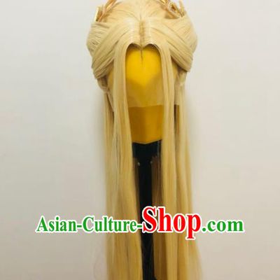 Chinese Traditional Puppet Show Hair Accessories Cosplay Moon Goddess Golden Wigs and Hair Crown Hairpieces Ancient Swordswoman Headdress