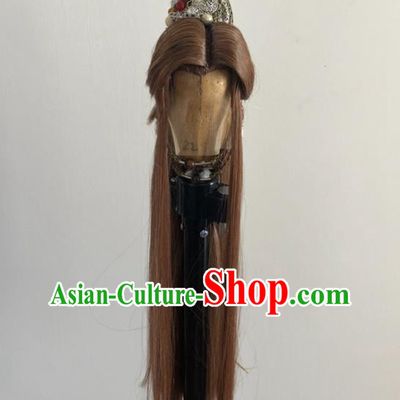 Handmade China Traditional Puppet Show Feng Xiaoyao Headdress Ancient Swordsman Hairpieces Cosplay Chivalrous Male Brown Wigs and Hair Crown