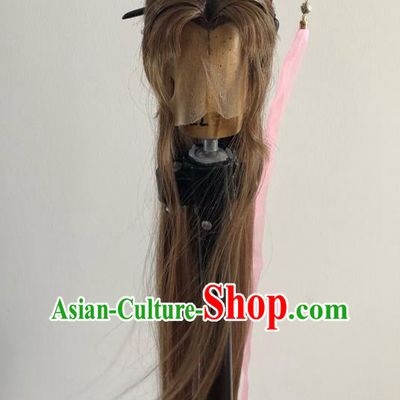 Chinese Traditional Puppet Show Han Yancui Hair Accessories Cosplay Swordswoman Brown Wigs and Hairpins Hairpieces Ancient Taoist Nun Headdress