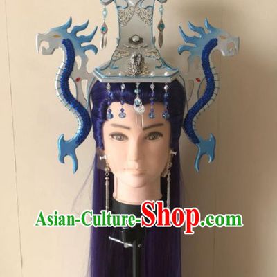 Handmade China Traditional Puppet Show Swordsman Xuan Bin Hairpieces Ancient General Headdress Cosplay Dragon Prince Purple Wigs and Hair Crown