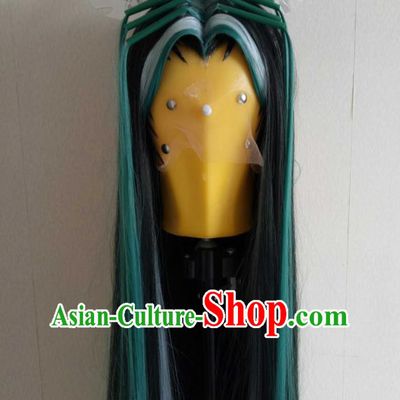 Handmade China Cosplay Dragon Prince Green Curly Wigs and Hair Crown Traditional Puppet Show Hairpieces Ancient Young Swordsman Headdress