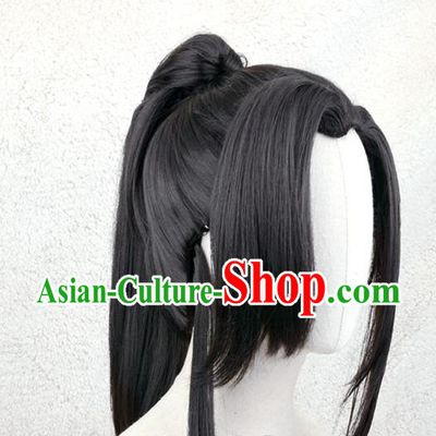 Handmade China Ancient Swordsman Headdress Cosplay Young Knight Black Ponytsil Wigs Traditional Qin Dynasty Young Man Hairpieces